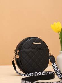 时尚菱形刺绣设计休闲斜挎包，女士小号圆形单肩包，高品质日常使用 - 黑色 - 查看 3