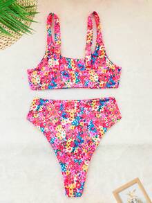 全新花卉软垫可调节肩带泳装清新比基尼套装，女士夏季海滩时尚 - 彩色 - 查看 4