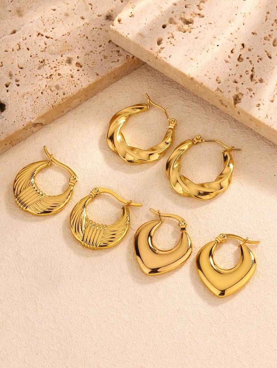 1 par/3 pares Pendientes aro de acero de titanio dorado, pendientes aro minimalistas resistentes a la decoloración, versátiles y de moda para mujeres