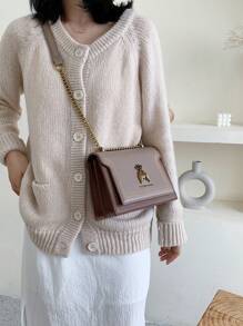 Bolso bandolera decorativo con abeja vintage, bolso de hombro con cadena para mujer, bolso cuadrado con solapa decorada con tachuelas