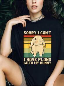 Funny Easter Rabbit Sorry I Can't I Have Plans With My Bunny T-Shirt - 100% Cotton  Women's Casual Short Sleeve Crew Neck T-Shirt For Spring & Summer - Comfortable, Relaxed Fit, Printed Graphic Tee For  Sport Lovers