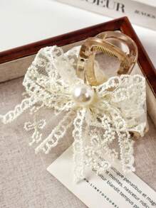 1pc Delicate Cream Lace Bow Pearl Decor Small Hair Claw - Beige - View 2