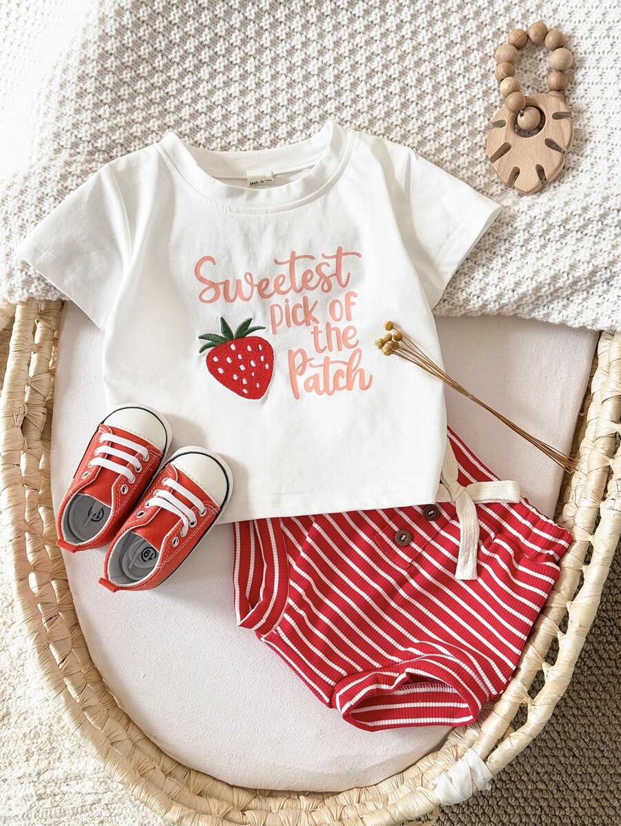 2 Stücke/Set Baby Mädchen rosa Erdbeere Stickerei Buchstaben Muster Kurzarm T-Shirt + Shorts, Sommer