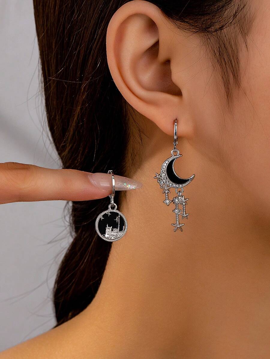 1 对时尚新款水钻星星和月亮耳环，优雅百搭的女士耳环适合日常佩戴和作为礼物 - 銀色+黑色 - 查看 1