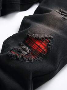 Jeans Denim Casuais Desfiados de Patchwork Xadrez Lavados para Meninos Pré-Adolescentes