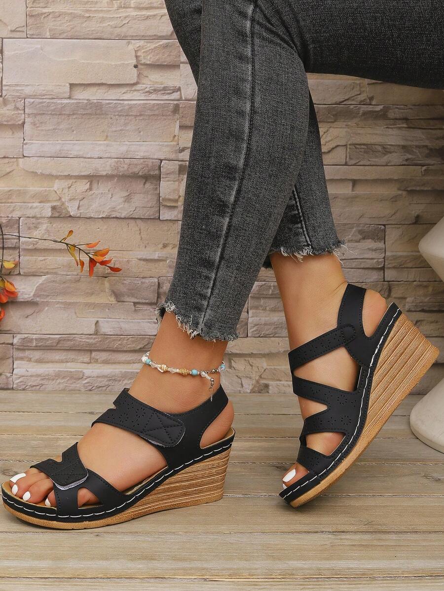 Women's Hook And Loop Hollow Ankle Strap Sandals, Summer New Elegant Outdoor Wedge Sandals With Thick Waterproof Platform, Simple Sports Style Black Sandals, Vacation Casual Roman Gladiator Sandals, Beach Holiday Ladies Sandals