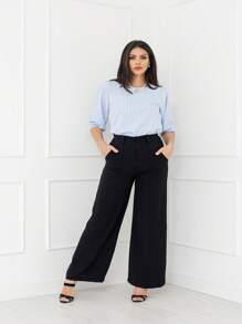 Women's Striped Blouse With 3/4 Sleeves, Crepe Fabric, New - Baby Blue - View 5