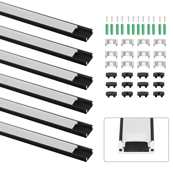 LED Profil 6 x 1M, LED Aluminium Profil V-Form, Led Aluminium Leisten, für Led Kanal/Led Schiene, mit Milchige Weiß Led Strip Abdeckung, Eckverbinder, Montagematerial für LED-Streifen