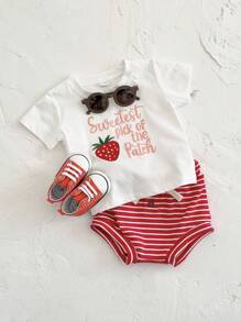 2 Stücke/Set Baby Mädchen rosa Erdbeere Stickerei Buchstaben Muster Kurzarm T-Shirt + Shorts, Sommer - Rot - Übersicht 7
