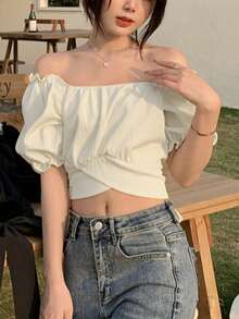 2025 夏季女式休闲不对称下摆系带腰短袖衬衫/衬衣