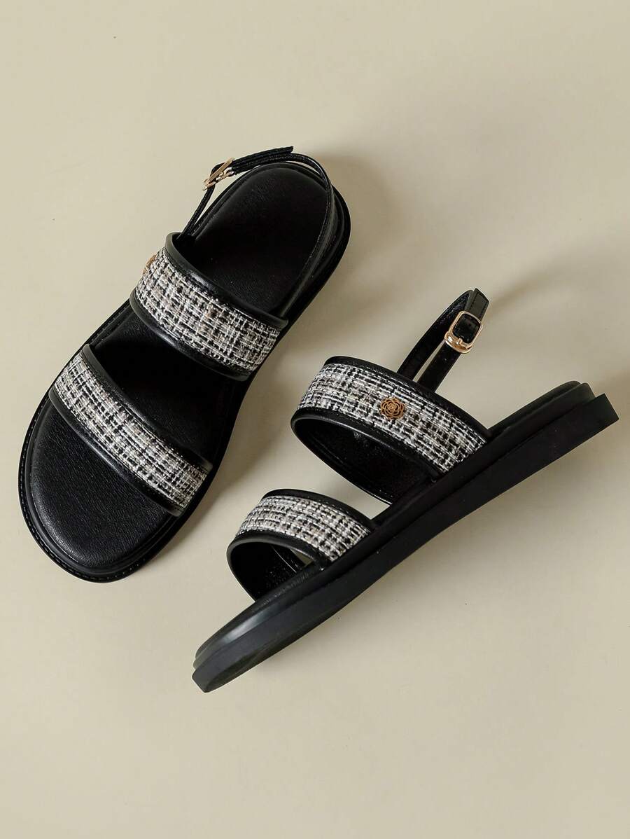 女士厚底绑带扣凉鞋休闲波西米亚风度假复古黑彩拼接露趾防滑舒适夏季新款坡跟不累时尚户外沙滩罗马鞋