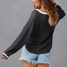 Women V-Neck Long Sleeve Casual Tennis Knit Sweater, Pullover Crochet Mesh Coverup Top - Black and White - View 2