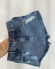 Basic Black And Gray Denim Shorts With Hem - Teal Blue - View 2