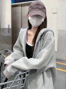 Women Casual Plain Color Drawstring Hooded Loose Jacket, Long Sleeve