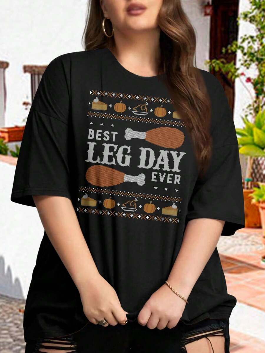 Best Leg Day Ever! Funny Thanksgiving Workout Oversize Women T-Shirt (Oversize For Ladies) - Black - View 1