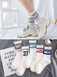 5pcs/Pack Unisex Fashion Sports Mid-Calf Socks, Random Assorted Colors With Sports Logo