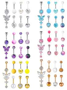 1 Set (7pcs) White Stone Butterfly Zirconia Navel Rings, Women Belly Button Piercing Crystal Navel Studs Body Jewelry Set