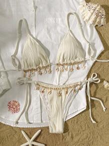 Women's Solid Color Beach Vacation Textured Fabric Shell Strap Triangle Cup Bikini Set - Beige - View 2