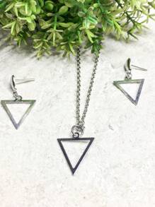 Conjunto Colar e Brinco Feminino 45cm Triângulo Vazado Prata Minimalista Aço Inox Antialérgico