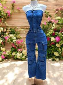 STRETCH DENIM OVERALL PANTS WITH MULTI CARGO POCKETS - Multicolor - View 5