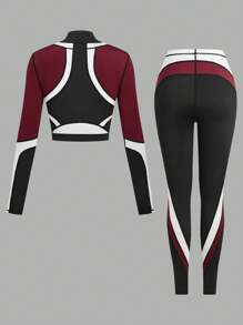 Women's Yoga Colorblock Tank Top And Tight Leggings Sports Set, Women's Half Zip Pullover Sweatshirt, Women's Sports Stretchy Yoga Gym Fitness Tight Pants Sports Bra Set - Multicolor - View 2