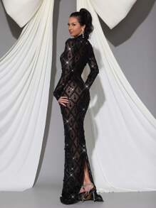 Modphy Vestido de Body entero de manga larga de malla transparente con lentejuelas y strass - Vestido de dama de honor de lujo para boda, fiesta, eventos, invitado de boda, vestido de noche