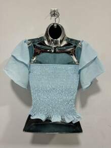 Cropped Lastex Women's  Long Sleeve Women's Cropped Blouse Various Colors Strapless - 淺藍色 - 查看 2