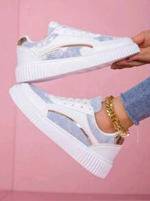 Zapatos deportivos casuales con cordones y patchwork para mujer, estilo callejero, con diseño transpirable y ligero, patrones aleatorios