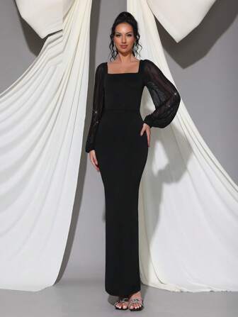 Modphy Czarna sukienka bandażowa z długimi rękawami i zdobieniami ze strasów, elegancka, dopasowana suknia wieczorowa, formalna sukienka na przyjęcie dla kobiet, sukienka dla gości weselnych