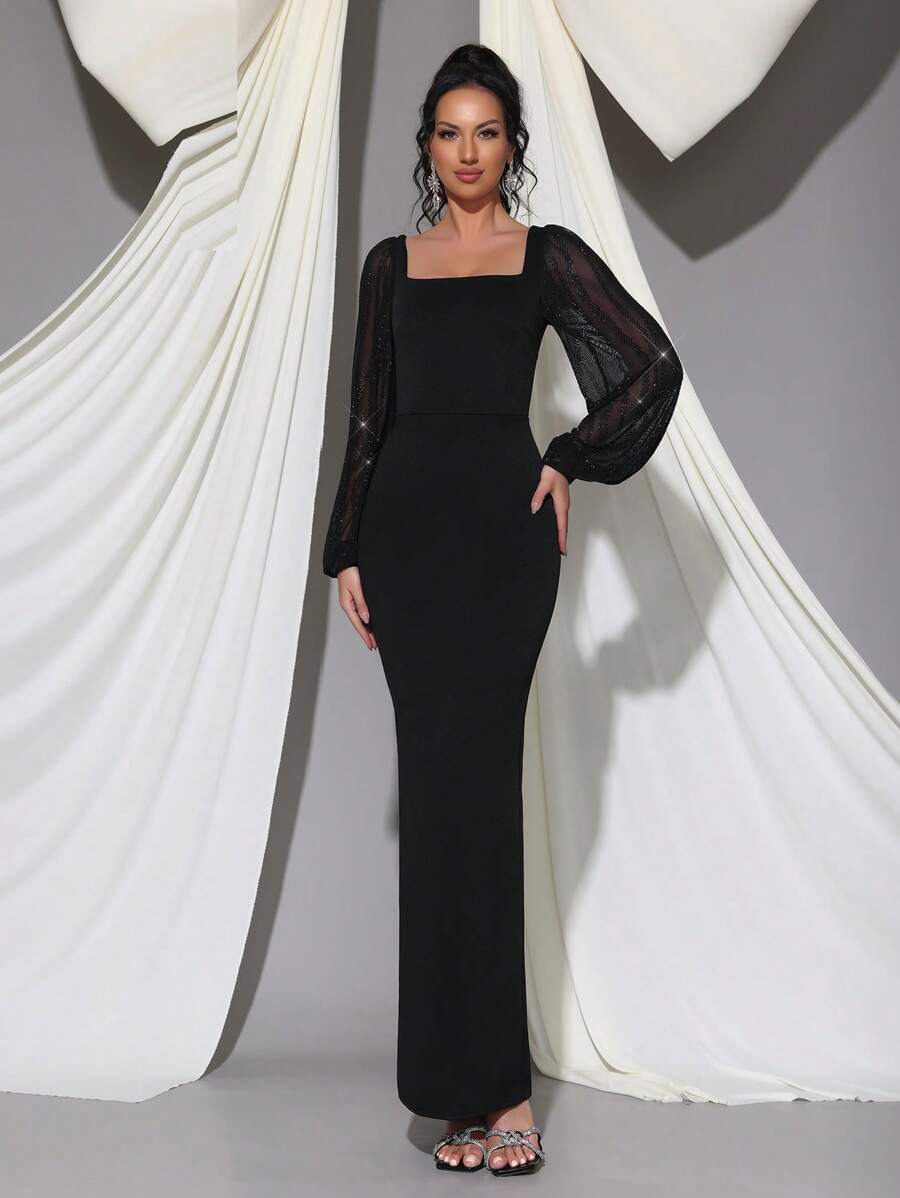 Modphy Black Heavy Industrial Diamond Sexy Long Sleeve Square Neck Fitted Lace-Up Dress, Elegant Holiday Party Women's Formal Evening Gown - Black - View 1