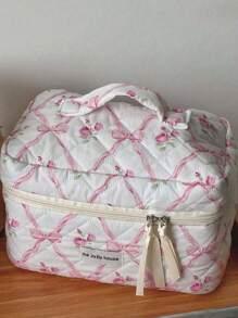 3pcs/1pc Quilted Bow & Rose Design Cosmetic Bag, Fashion Portable Makeup Bag, Multi-Functional Storage Pouch, Cute Large Capacity Toiletry Bag, Travel Organizer, Mini Makeup Brush Holder Handheld Bag, Printed Wash Bag For Lipsticks, Brushes, Skincare Products, Phones, Coins, Small Items, Suitable For Home, Gifts, Holidays And Festival Like Halloween, Christmas
