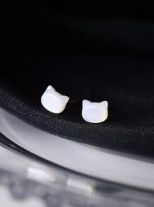 1 Pair 925 Sterling Silver Shell & Black Cat Stud Earrings, Unique High-End Earrings For Women - Earrings - View 5