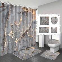 4pcs Bathroom Set Marble Free Flow Metal Swirl Texture Shower Curtain Rug Set Natural Luxury Abstract Fluid Texture Waterproof Shower Curtains Set - Grey - View 2