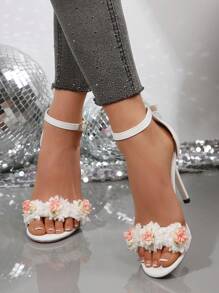 Women's Pointed Toe Hollow Out Flower Decor Thin Heels Strap Buckle Sandals - White - View 6