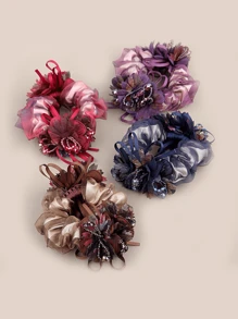 1款女士新款双头花朵高弹力发圈，可扎头发，橡皮筋材质，布艺发圈，球形发绳，女士优雅发圈，家居美发饰品 - 咖啡 - 查看 1