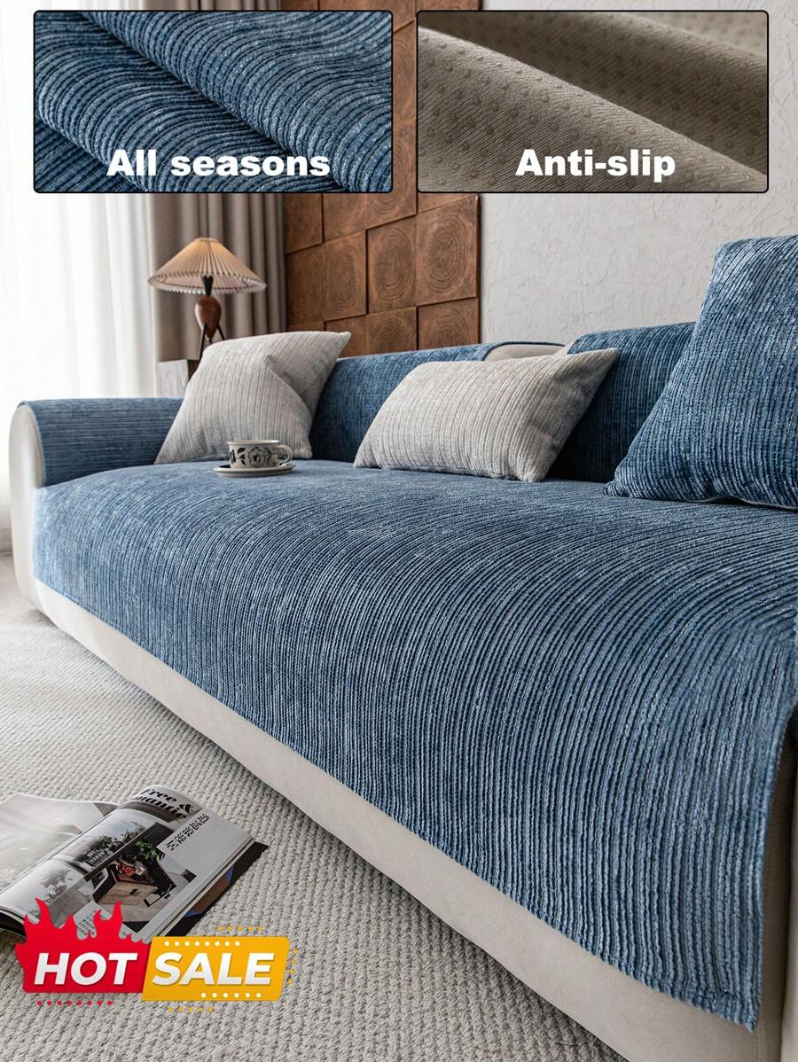 1pc Plain Chenille Sofa Cover, High Density Thickened Design For All Season Universal Sofa Protector, Anti-Slip Anti-Scratch Sofa Slipcover For Living Room, Bedroom, Study Room, 1/2/3/4 Seater With Armrest & Backrest - Blue - View 1