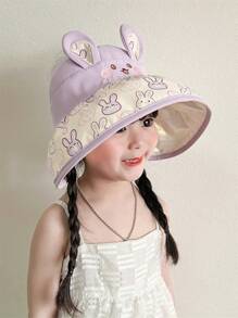 Kids Foldable Sunhat, Thin Brim Cartoon Cute Rabbit Pattern, UV Ion Sunshade Hat For Girls & Boys - Multicolor - View 6
