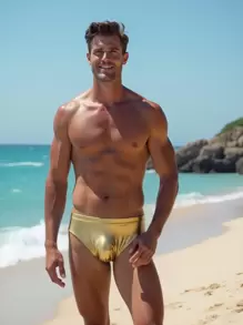 Men's Fashionable & Comfortable Swimming Trunks - Elastic Swim Training Shorts With Golden Triangle Bulge Pouch Design, Men's In Metallic Gold - Gold - View 1