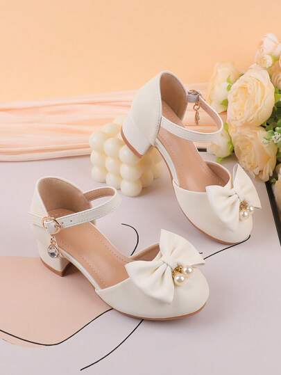 女童白色高跟粗跟正装鞋，适合正式场合、公主、舞蹈、芭蕾、婚礼、派对，适合夏季穿着，适合幼儿、小孩和大孩子