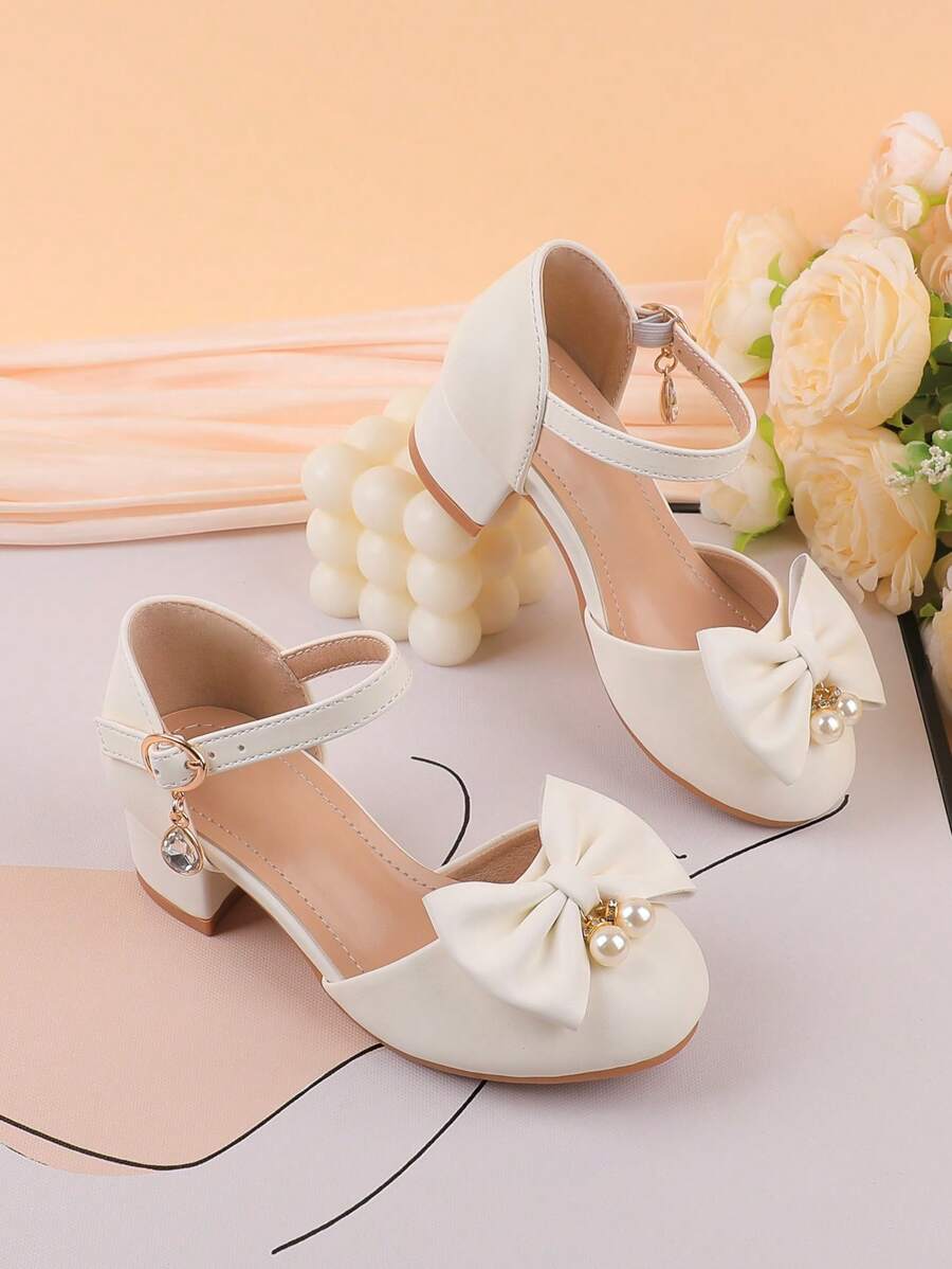 女童白色高跟粗跟正装鞋，适合正式场合、公主、舞蹈、芭蕾、婚礼、派对，适合夏季穿着，适合幼儿、小孩和大孩子