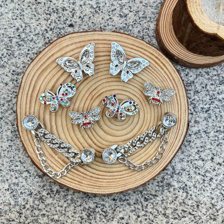 8 件闪亮银蝴蝶饰品，用于鞋子 DIY 装饰，时尚百搭花园鞋/拖鞋装饰纽扣，仿真钻石，金属材质，适用于木屐、EVA 拖鞋、凉鞋，可拆卸亚克力鞋面装饰，女孩装饰品，圣诞节节日礼物 - 彩色 - 查看 1