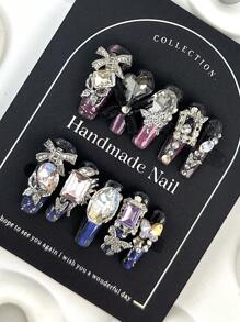 10 stuks handgemaakte lange doodskistnagels, azuurblauwe violette holografische strass-bling elegant en schattig ontwerp, geschikt voor meisjes en dames, geweldig voor Y2K, Instagrammable en glamoureuze slijtage op nagels