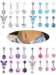 1 Set (7pcs) White Stone Butterfly Zirconia Navel Rings, Women Belly Button Piercing Crystal Navel Studs Body Jewelry Set