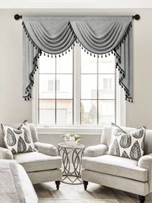 1pc Grey Fringed Curtain, Modern Business Style Imitation Linen Material Short Valance, Suitable For Living Room, Bedroom, Kitchen Window And Door Decoration