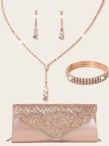 Rhinestone Jewelry Set Sparkling Necklace Earring Bracelet Set Women's Evening Dress Handbag Bride's Wedding Elegant V-Shaped Flip Envelope Handbag Women's Ball Handbag With Detachable Metal Chain Wedding And Party Handbag Wedding Handbag Women's Evening Dress Handbag Wedding Party Bride Handbag - Black - View 4