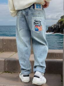 1pc Young Boy Casual Cartoon Print Elastic Waist Denim Pants, Suitable For Spring - Blue - View 1