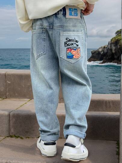 1pc Young Boy Casual Cartoon Print Elastic Waist Denim Pants, Suitable For Spring