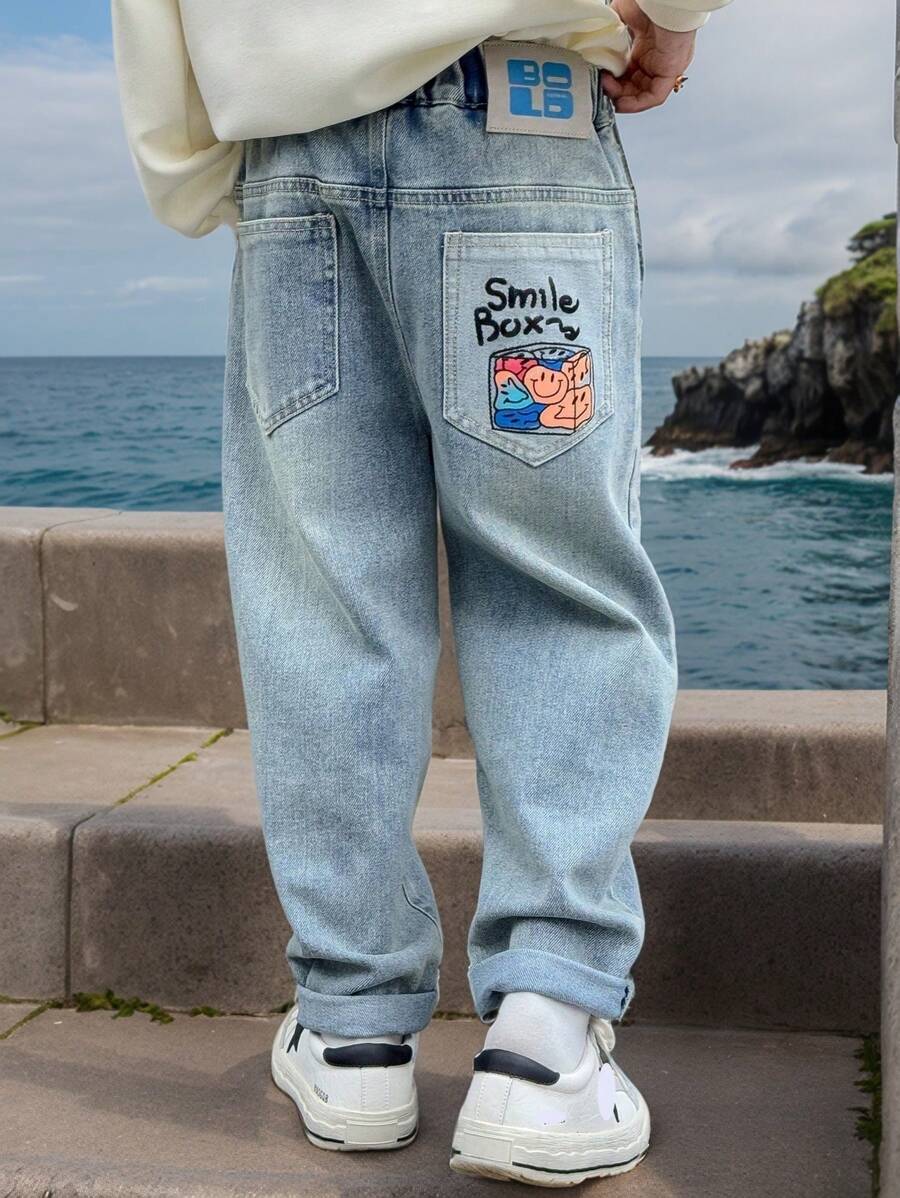 1pc Young Boy Casual Cartoon Print Elastic Waist Denim Pants, Suitable For Spring - Blue - View 1