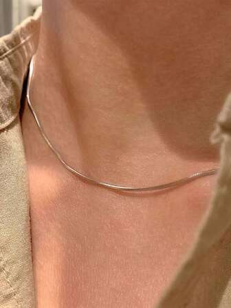1pc Men's Stainless Steel Simple Basic Thin Silver Necklace Collor Bone Chain, Fitness Style