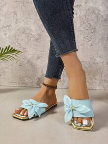 Women's Mint Blue Bohemian Style Beach Sandals With Bow Decor, Fashionable, Minimalist, Elegant And Casual. Lightweight, Soft-Soled, Non-Slip, Breathable, Odor-Resistant Flat Sandals Suitable For Summer Outdoor, Travel, Wedding, Party, Slippers